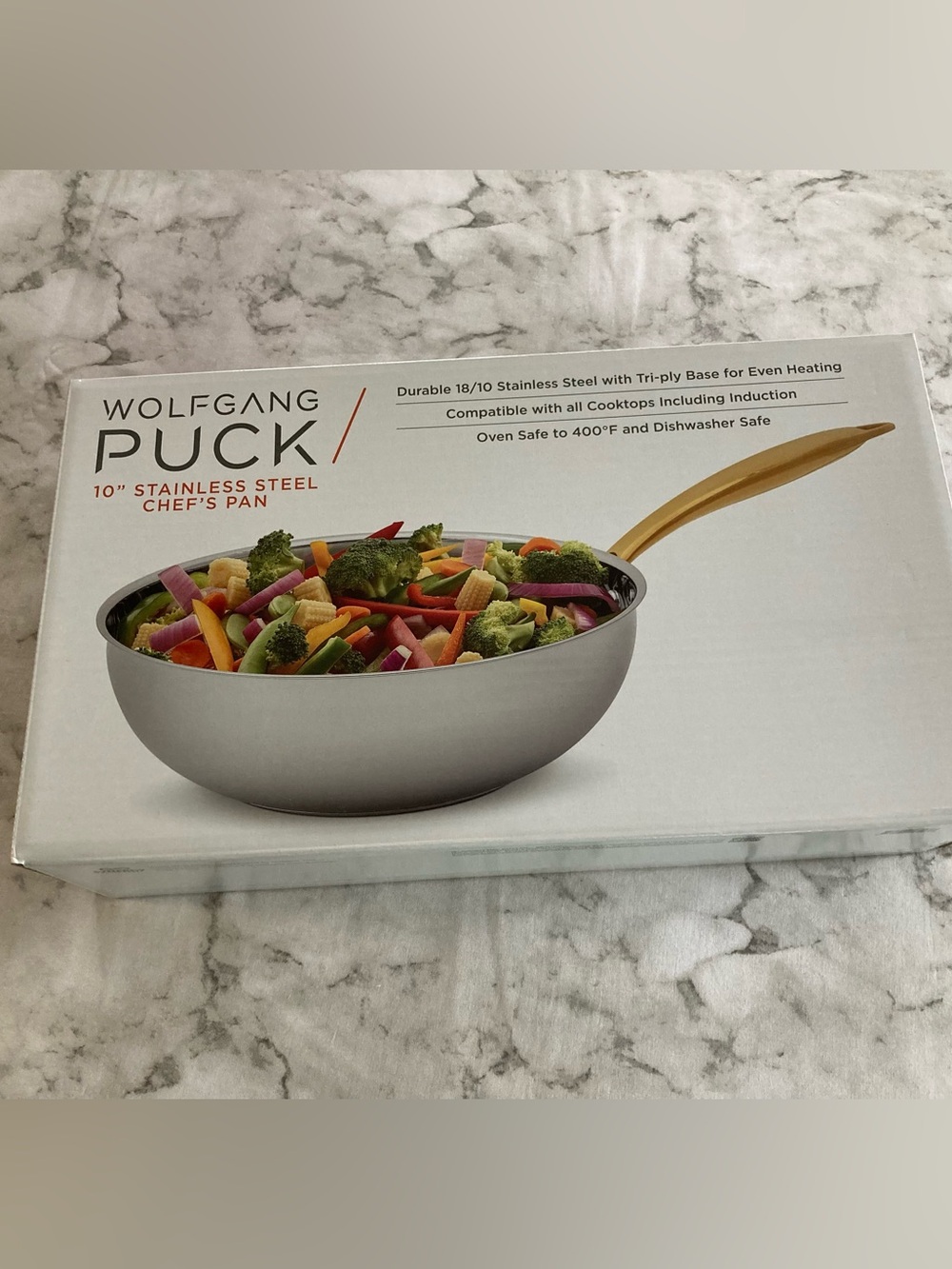 10" Stainless Steel Chef's Pan - Silver with Gold tone Handle Wolfgang Puck NWT